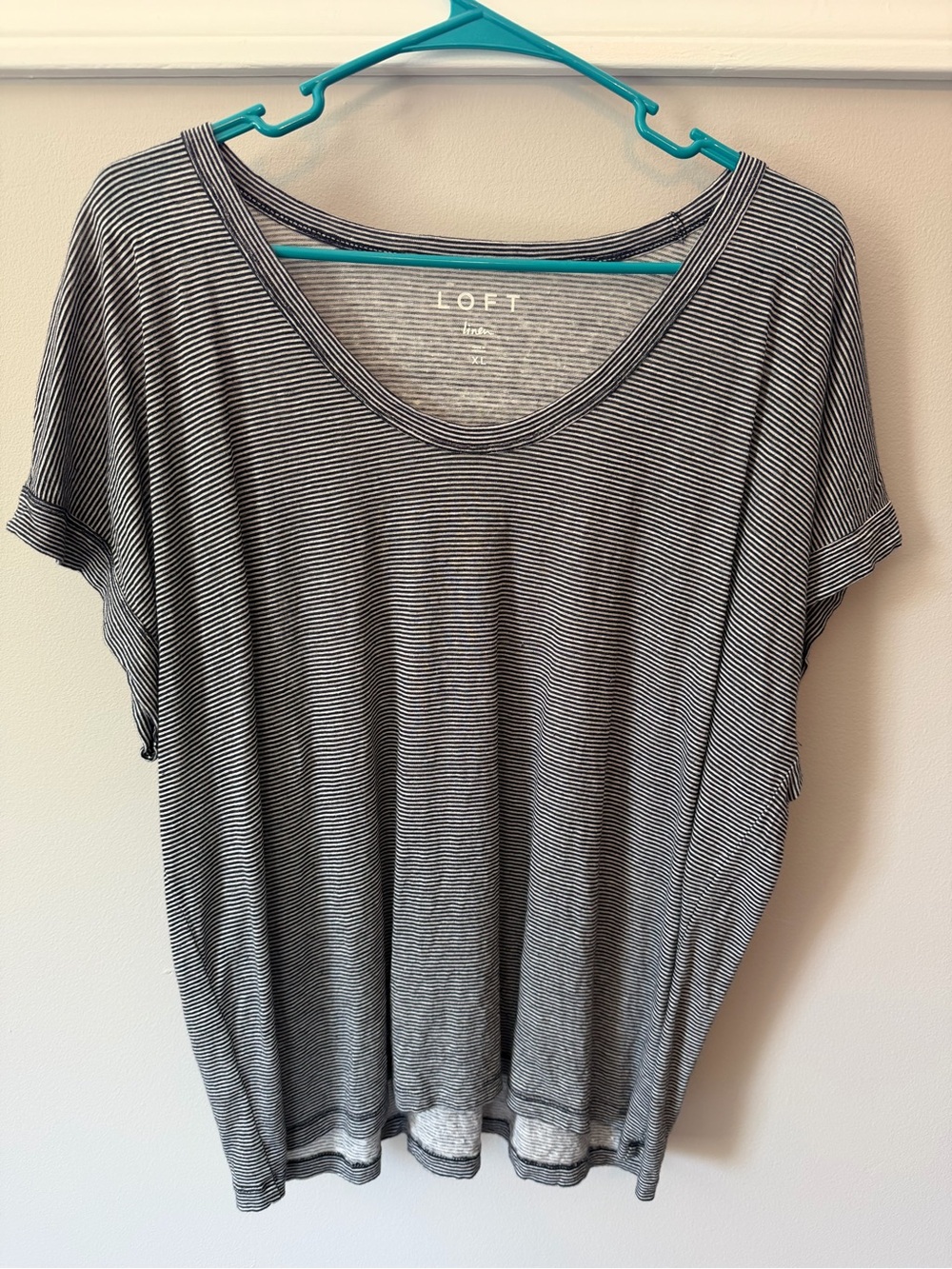 LOFT Boxy Linen Black and White Striped Scoop Neck Tee